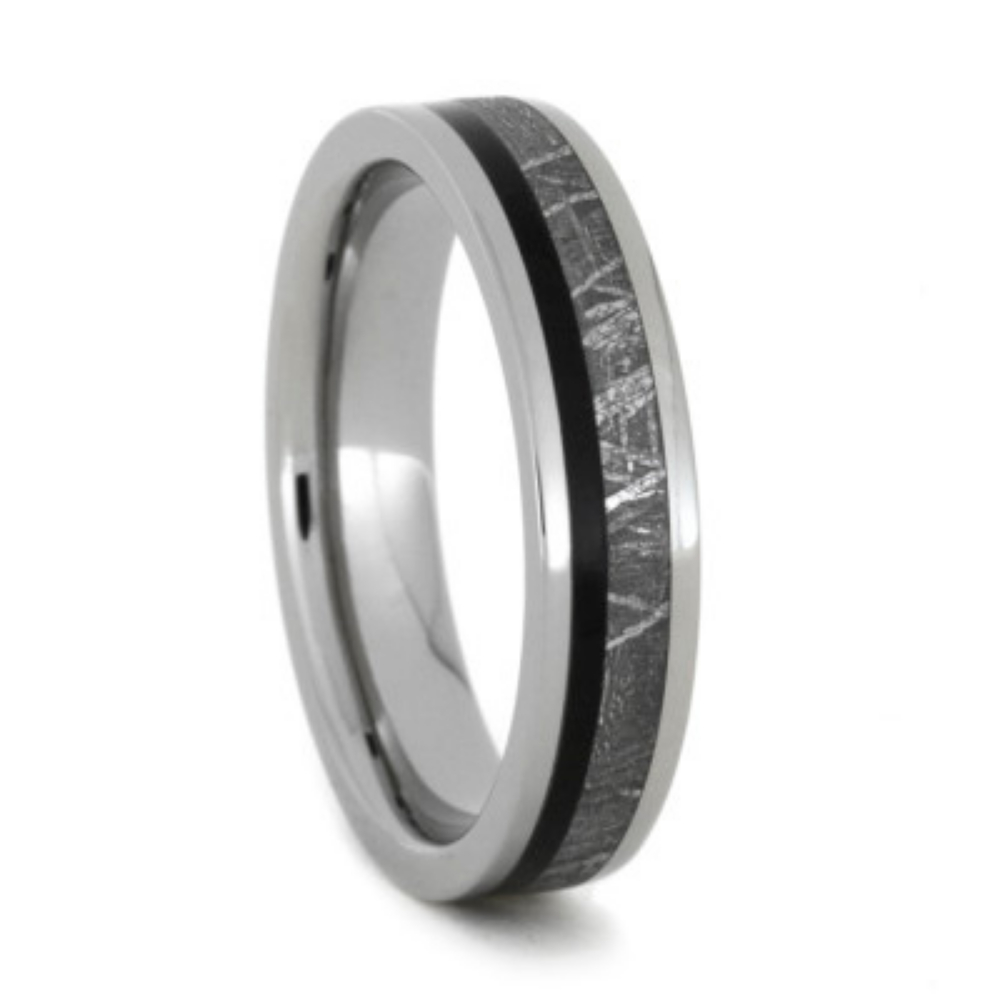 Meteorite and African Black Wood Inlay 5mm Comfort-Fit Polished Titanium Band. 