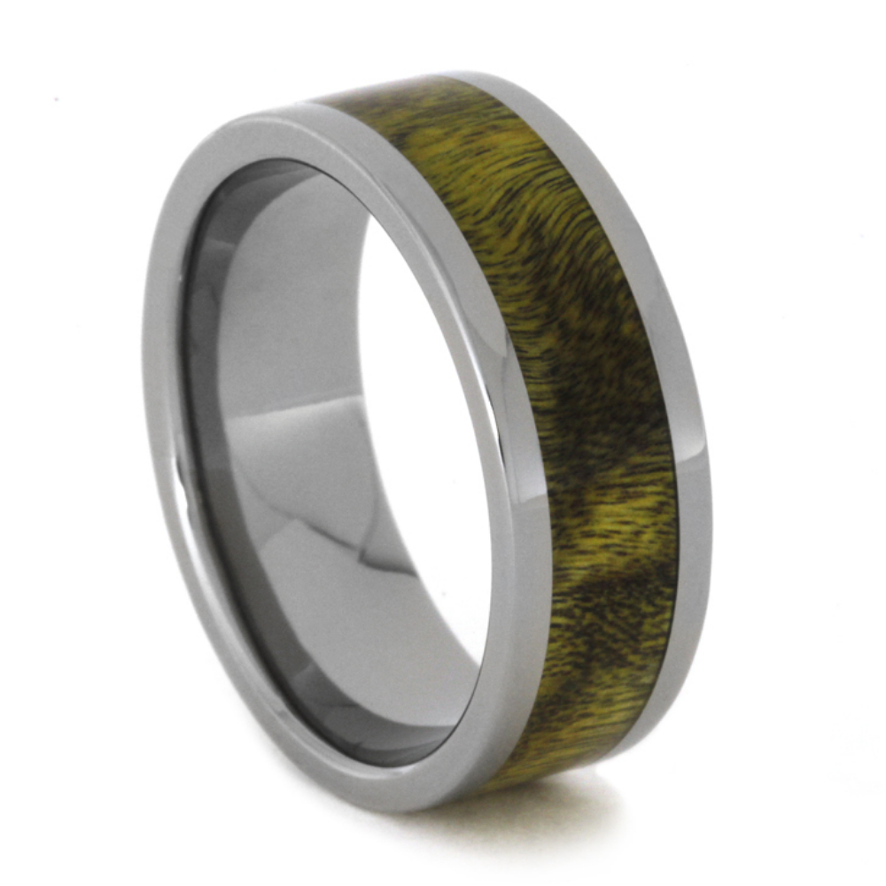 " Yellow and Black Poplar Wood Inlay 8mm Comfort-Fit Polished Titanium Band, 