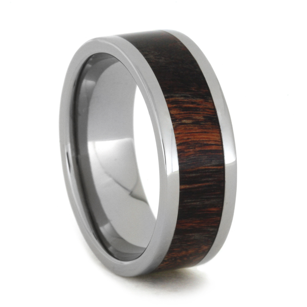 Red and Black Poplar Wood Inlay 8mm Comfort-Fit Polished Titanium Band. 