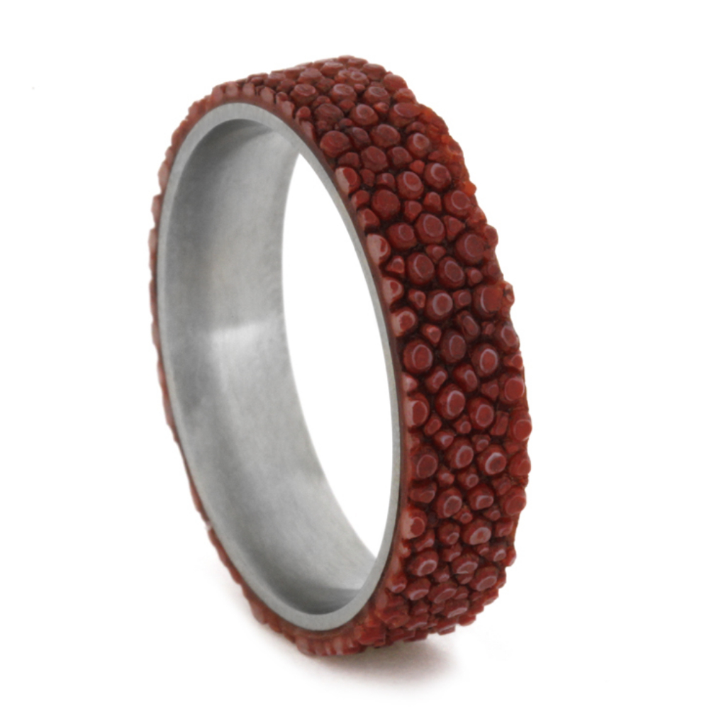 Red Stingray Leather Overlay 5mm Comfort-Fit Matte Titanium Band. 