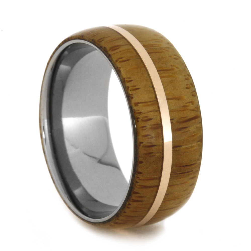 Bamboo Wood Overlay with 14k Rose Gold Stripe 9mm Comfort-Fit Titanium Band. 