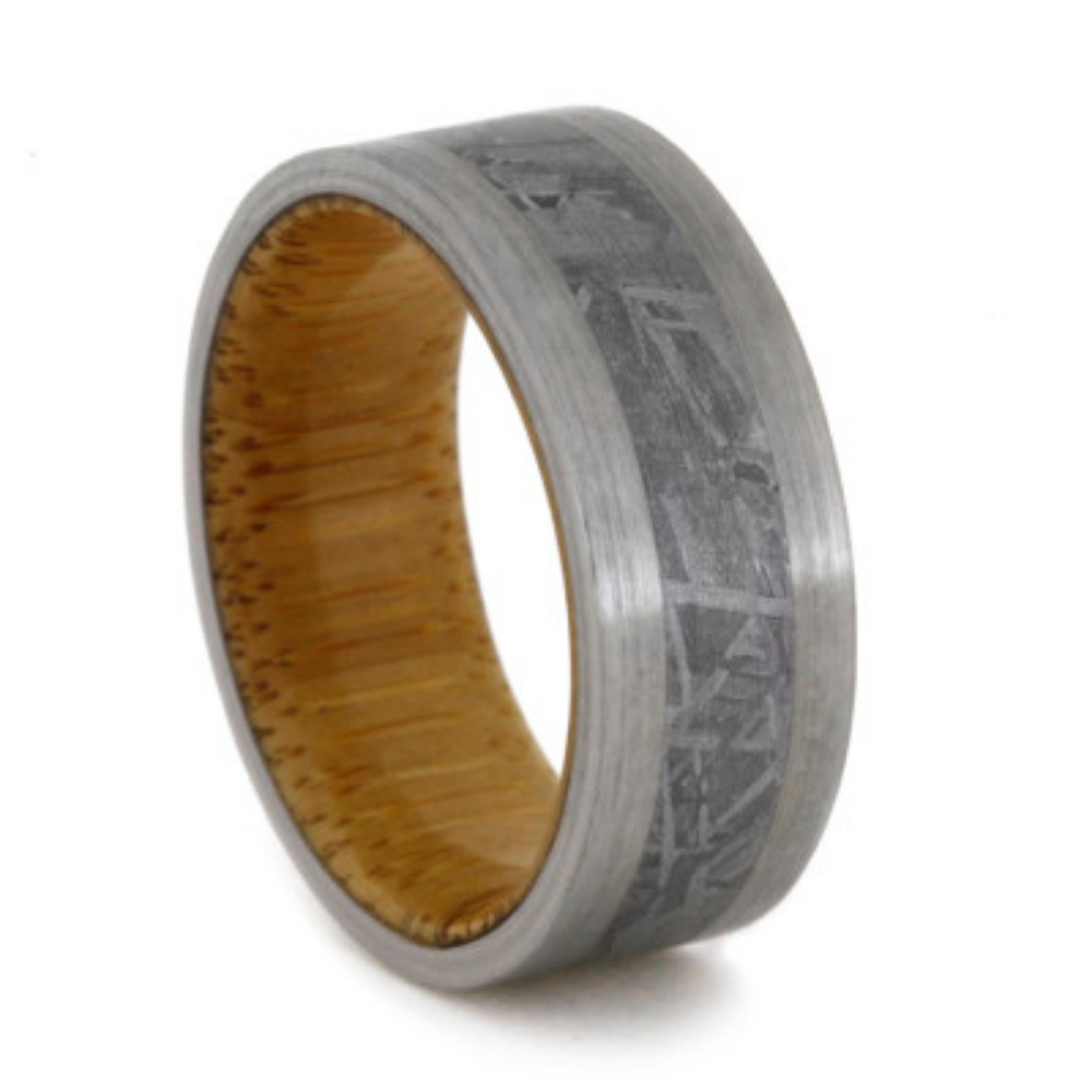 Gibeon Meteorite with Bamboo Sleeve and Titanium Edges 8mm Comfort-Fit Brushed Band. 