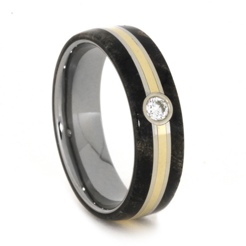 Diamond with Buckeye Burl and 14k Yellow Gold Inlay 6mm Comfort-Fit Titanium Band. 