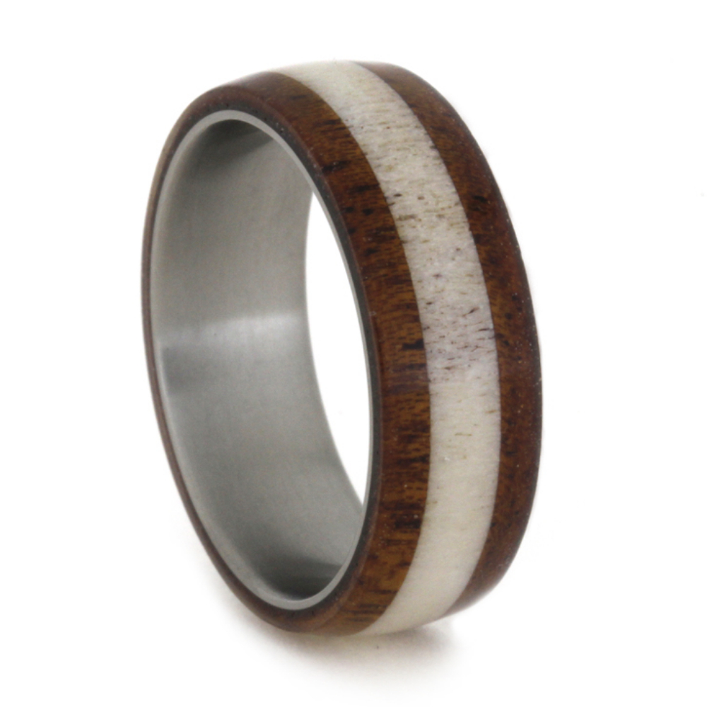 Mahogany and Deer Antler Overlay 7mm Comfort-Fit Matte Titanium Band. 