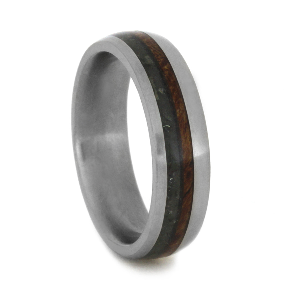 Mesquite Burl and Crushed Green Sea Glass Inlay 5mm Comfort-Fit Matte Titanium Band. 