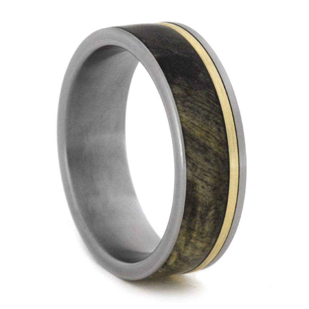 Buckeye Burl Wood with Bronze Stripe Inlay 7.5mm Comfort-Fit Titanium Band.