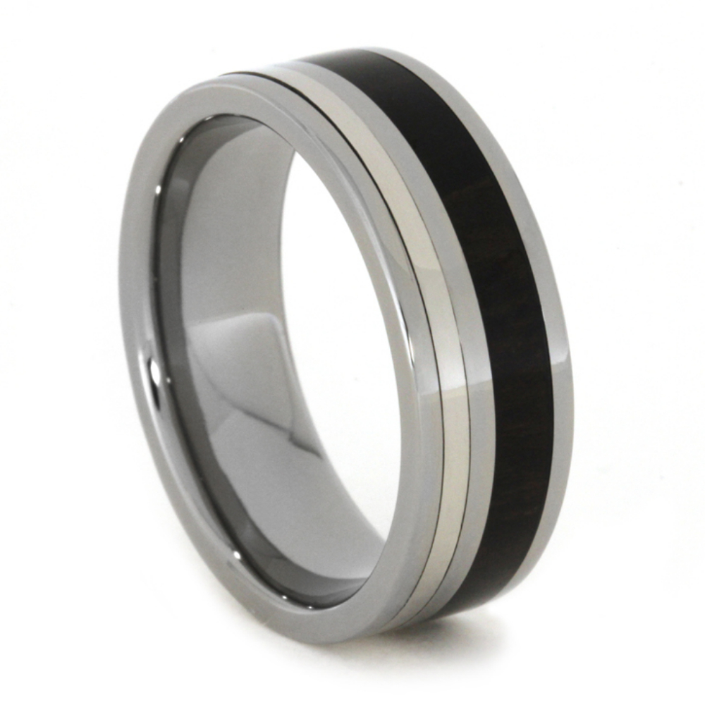 Ziricote Wood and 10k White Gold Inlay 8mm Comfort-Fit Polished Titanium Band.