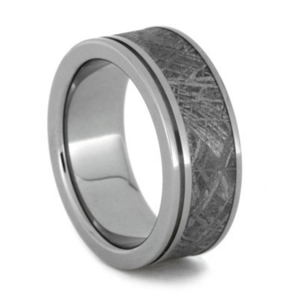 Gibeon Meteorite Inlay with Grooved Titanium 8mm Comfort-Fit Titanium Band.