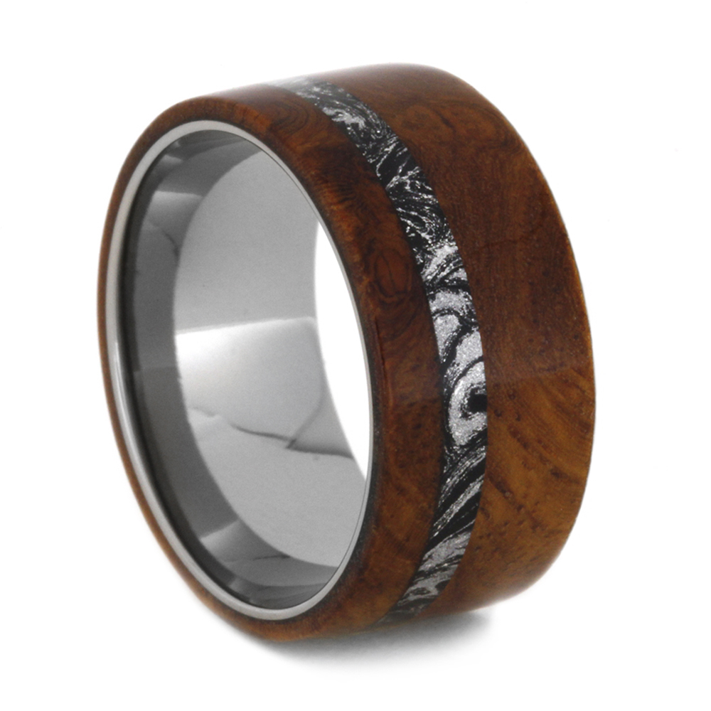 Amboyna Burl and Black with White Composite Mokume Gane Overlay 9.5mm Comfort-Fit Titanium Band. 