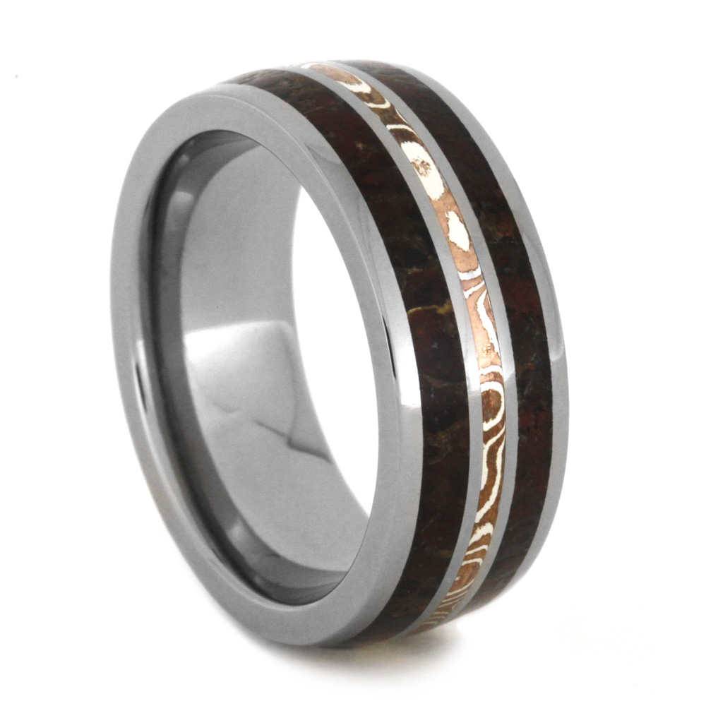 Dinosaur Bone with Mokume Gane Inlay 8mm Comfort-Fit Polished Titanium Band. 