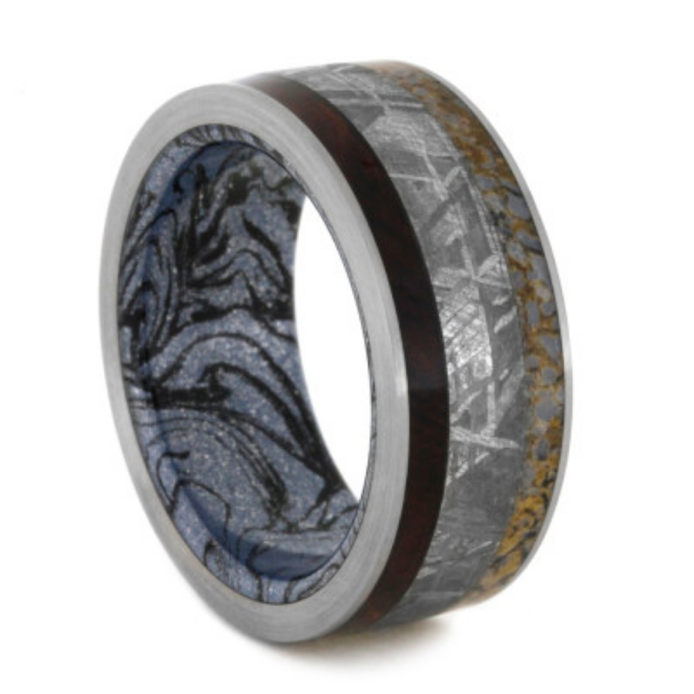 Gibeon Meteorite and Honduran Rosewood Burl with Dinosaur Bone Inlay 9mm Comfort-Fit Titanium Band. 