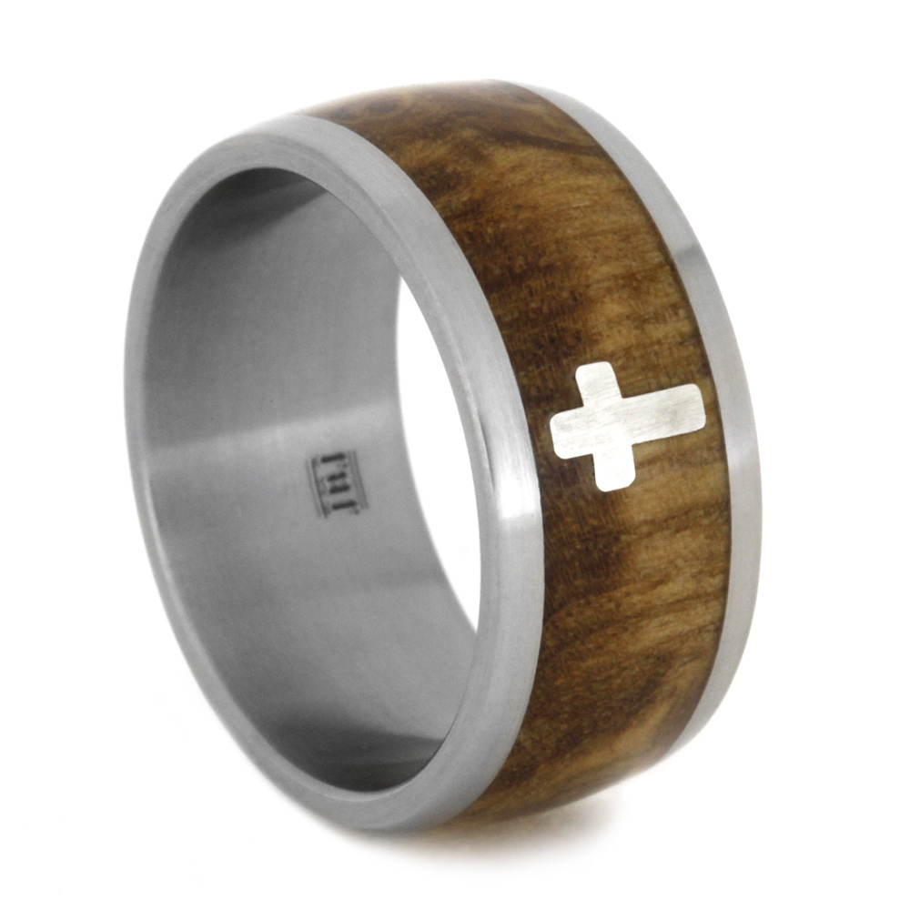 Black Ash Burl wood with Silver Cross Inlay 10mm Comfort-Fit Matte Titanium Band. 