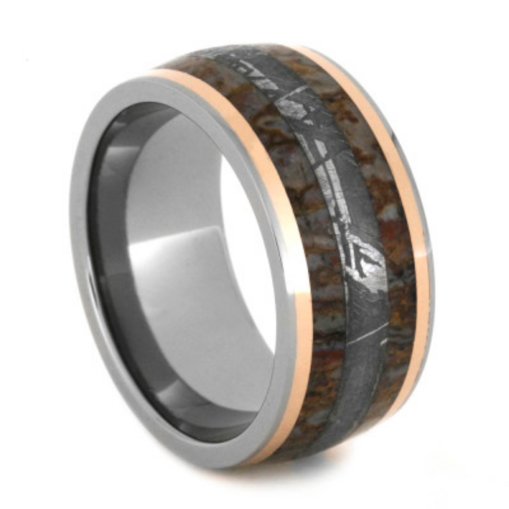 Gibeon Meteorite and Dinosaur Bone with 14k Rose Gold Pinstripe 10mm Comfort-Fit Titanium Band. 