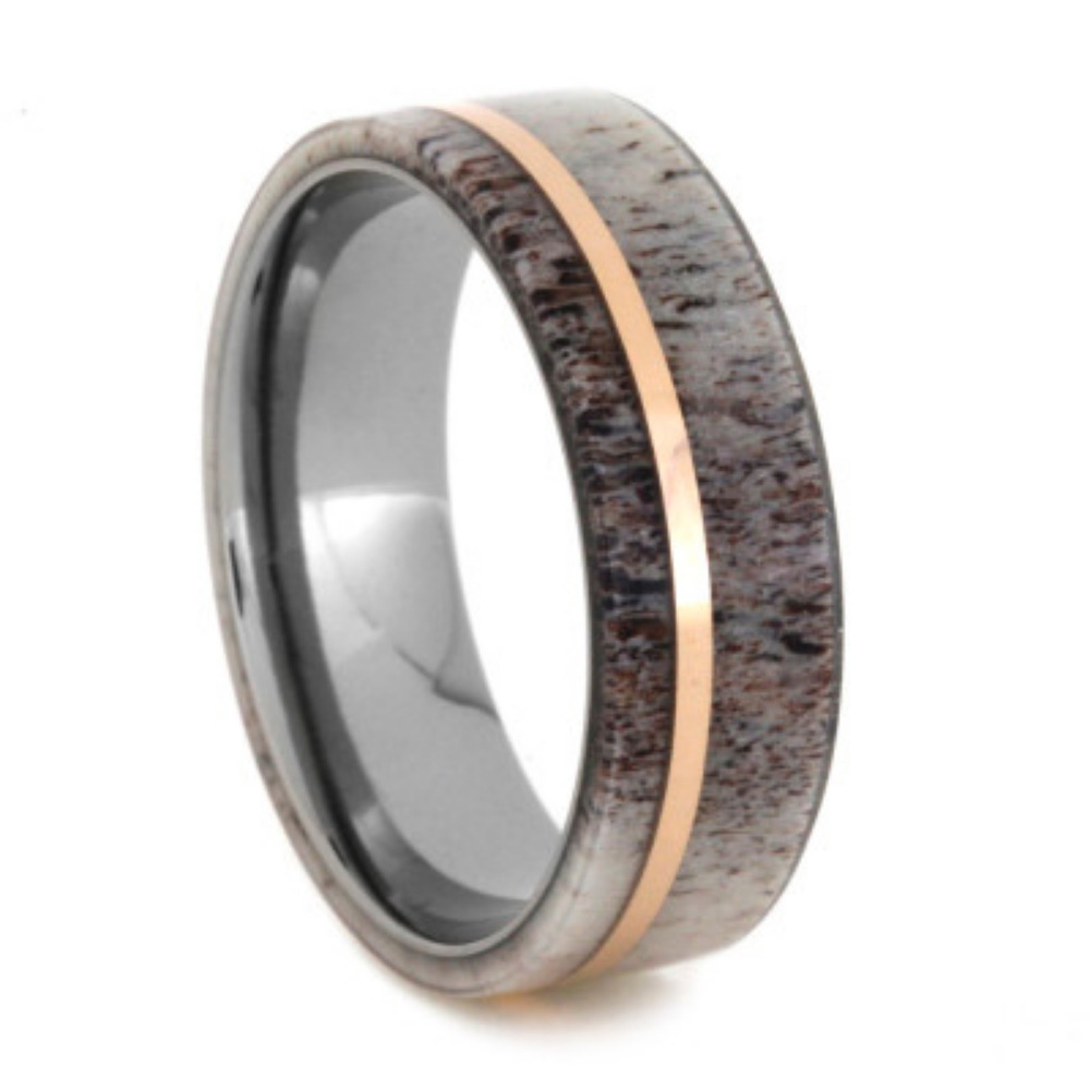 Deer Antler Overlay with 14k Rose Gold Pinstripe 5mm Comfort-Fit Titanium Band. 