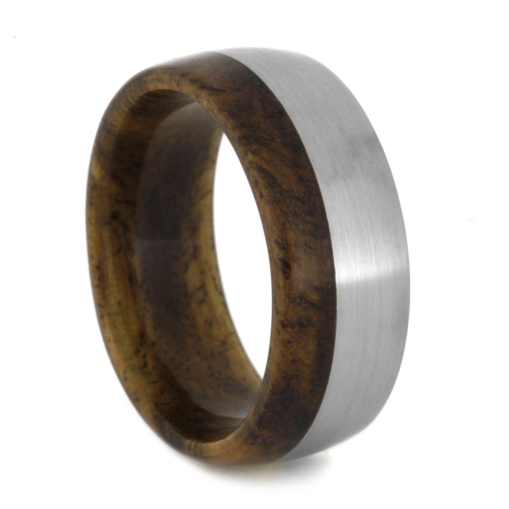 Sindora Wood Overlay with Sleeve 8mm Comfort-Fit Brushed Titanium Band. 