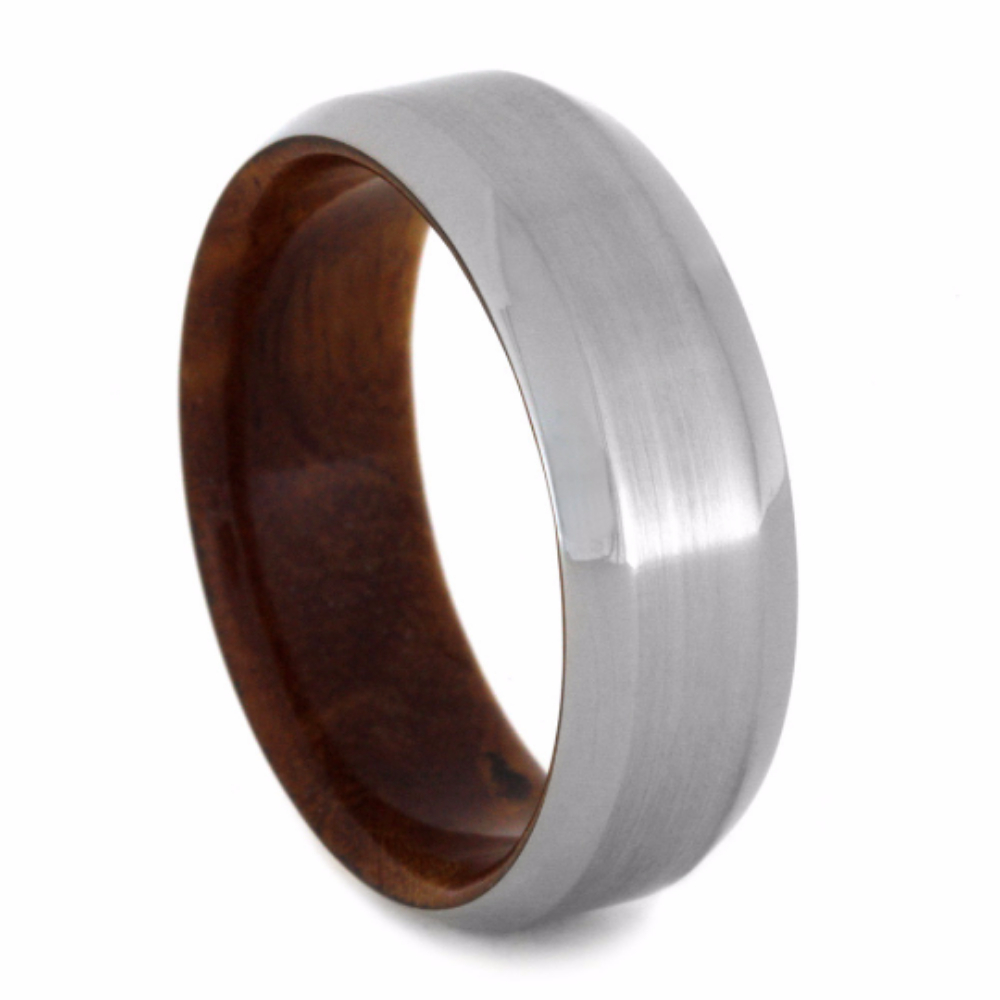 Beveled Titanium Overlay with Ironwood Burl Sleeve 8mm Comfort-Fit Brushed Titanium Band. 