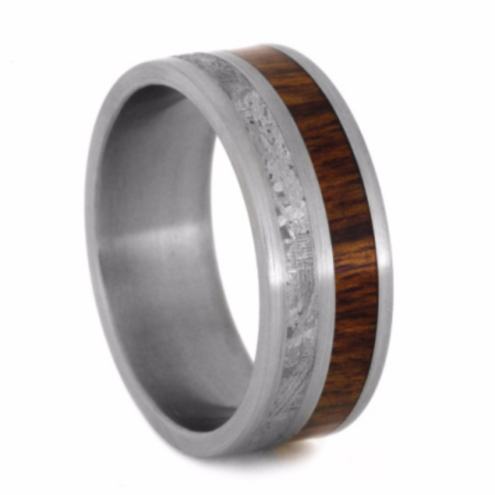 Gibeon Meteorite and Caribbean Rosewood Inlay 8mm Comfort-Fit Brushed Titanium Band. 