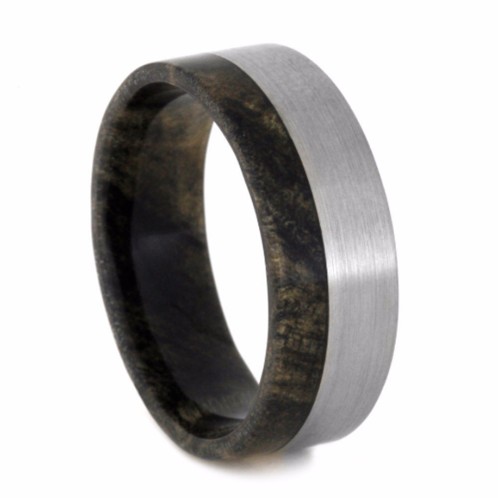 Buckeye Burl Overlay with Buckeye burl Sleeve 8mm Comfort-Fit Brushed Titanium Band. 