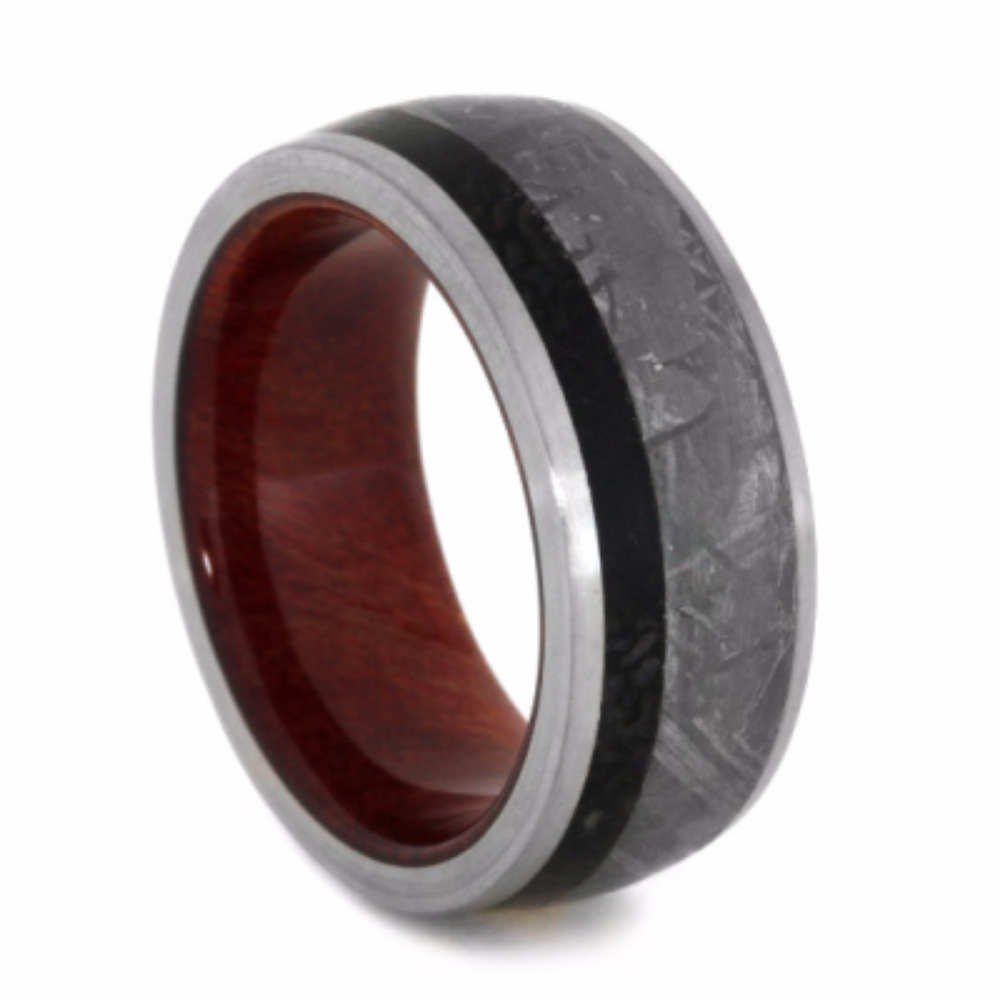 Gibeon Meteorite and Dinosaur Bone Inlay with Ruby Redwood Sleeve 9mm Comfort-Fit Titanium Band. 