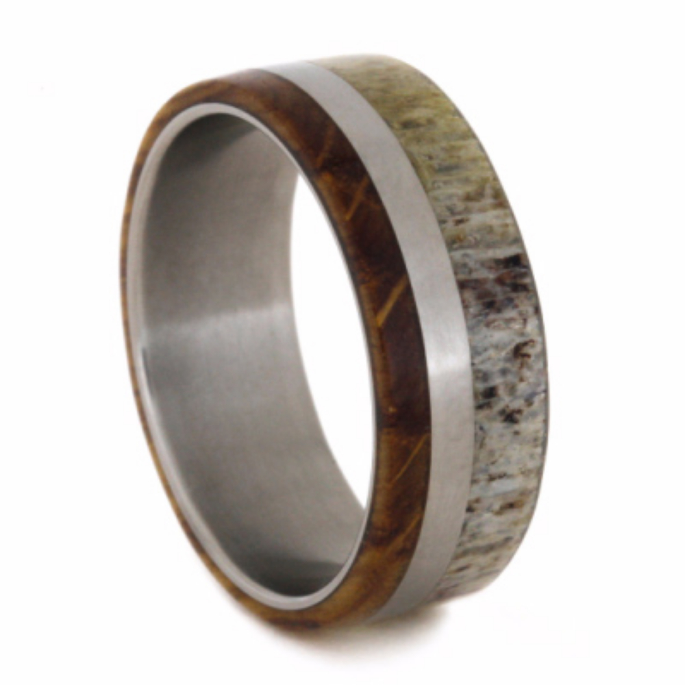 Deer Antler and Whiskey Barrel Oak 8mm Comfort-Fit Matte Titanium Band. 