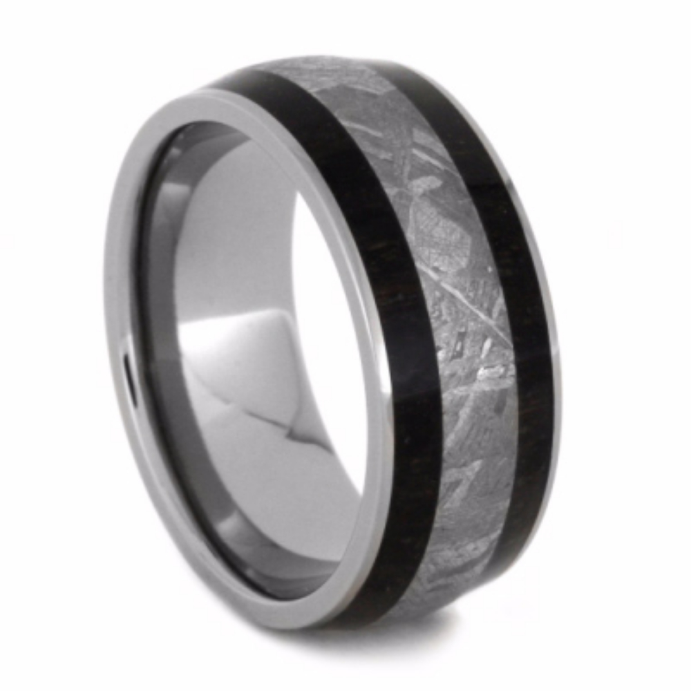 Gibeon Meteorite and African Blackwood Inlay 8.5mm Comfort-Fit Titanium Band. 