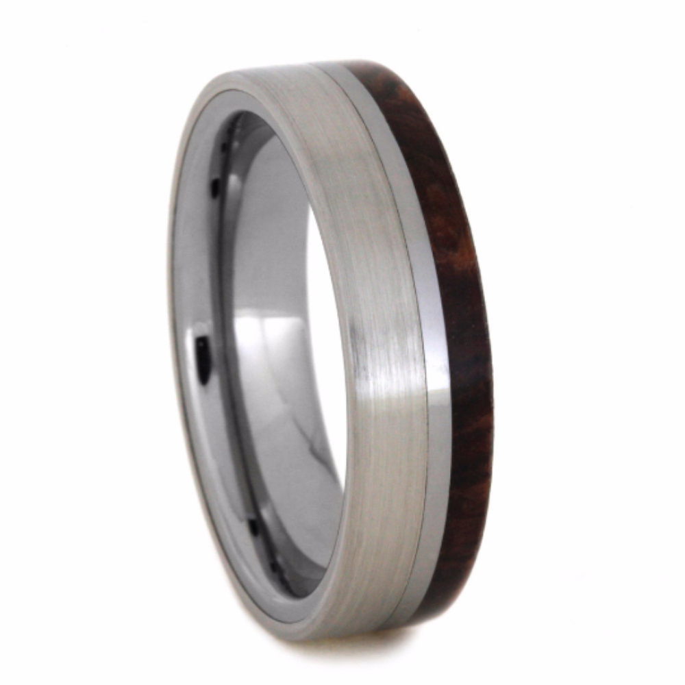 Honduran Rosewood Burl with tungsten 6mm Comfort-Fit Brushed Titanium Band. 