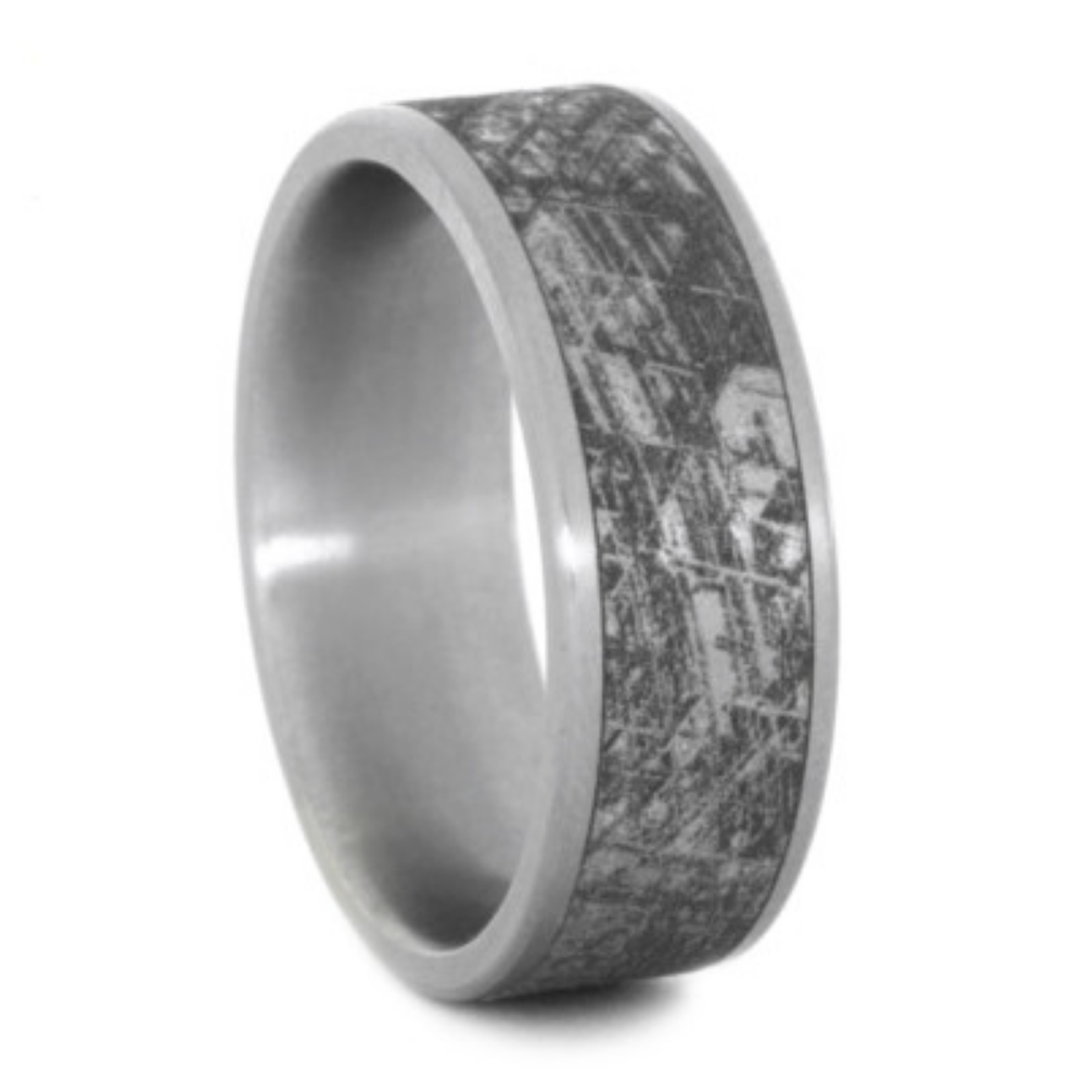 Mimetic Meteorite Inlay 8mm Comfort-Fit Matte Engraved Titanium Band.