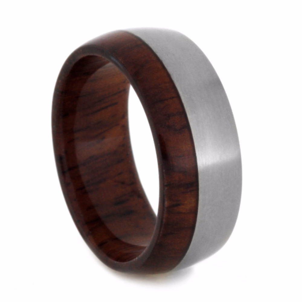 Honduran Rosewood Burl Overlay with Sleeve 8mm Comfort-Fit Matte Titanium Band. 