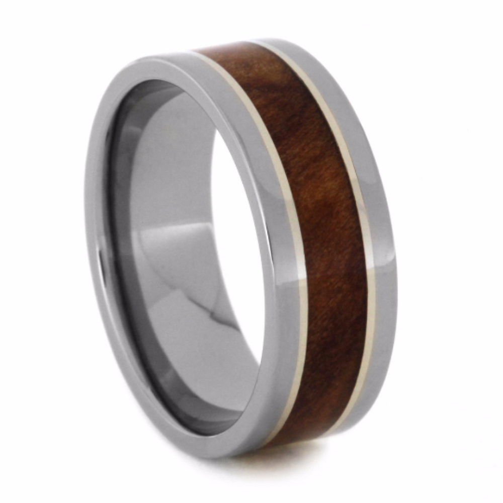 Natural Redwood with 14k White Gold Pinstripe Inlay 8mm Comfort-Fit Titanium Band. 