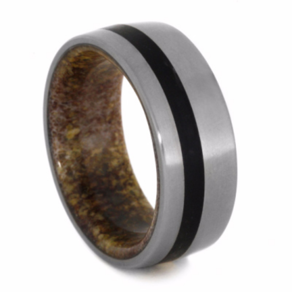 Obsidian Inlay with Antler 10mm Comfort-Fit Matte Titanium Band. 