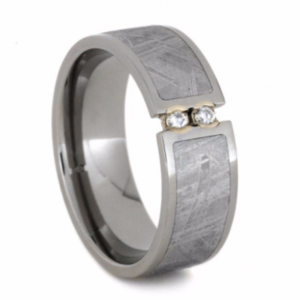 Two Round Diamonds with Gibeon Meteorite Inlay 8mm Comfort-Fit Polished Titanium Band. 