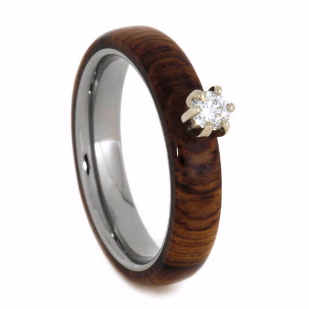 Diamond with Honduran Rosewood Overlay 4mm Comfort-Fit Polished Titanium Band. 