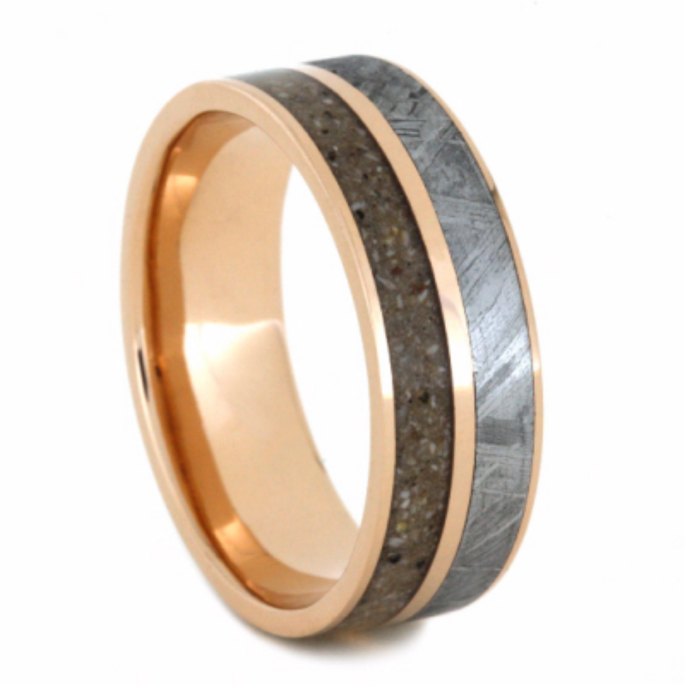 Pet Ashes and Meteorite Inlay with 14k Rose Gold Pinstripe Inlay 8mm Comfort-Fit Titanium Band. 