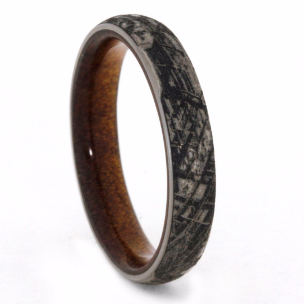 Mimetic Meteorite Engraving Overlay Kauri Wood Sleeves 4mm Comfort-Fit Matte Titanium Band. 