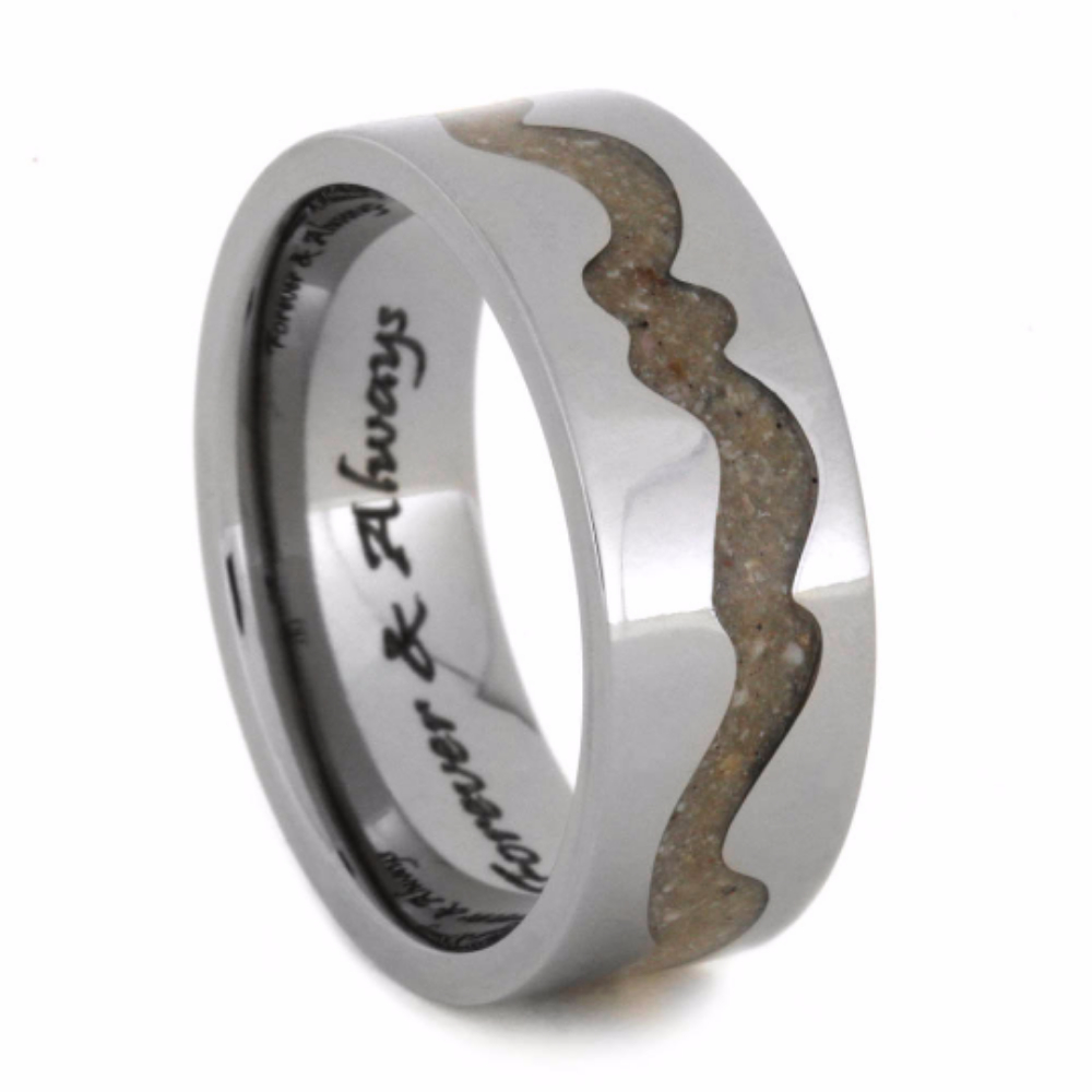 Engraved Pet Ashes with Wavy Design Inlay 8mm Comfort-Fit Polished Titanium Band. 