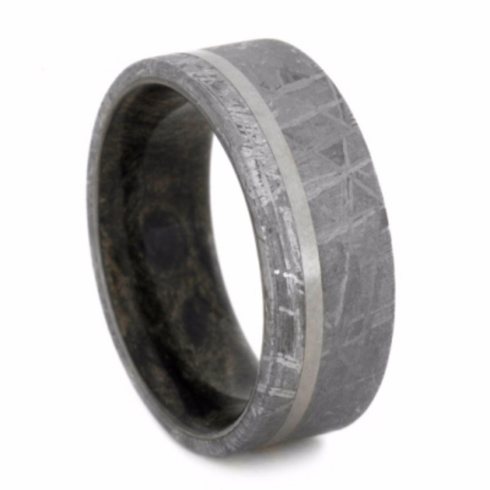 Gibeon Meteorite Overlay with Buckeye Burl Sleeve 8mm Comfort-Fit Brushed Titanium Band. 