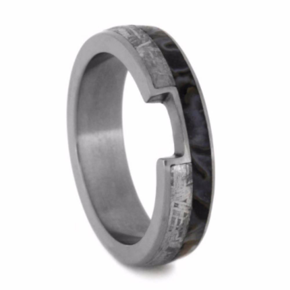 Tailored Gibeon Meteorite and Dinosaur Bone Inlay 5mm Comfort-Fit Matte Titanium Band. 