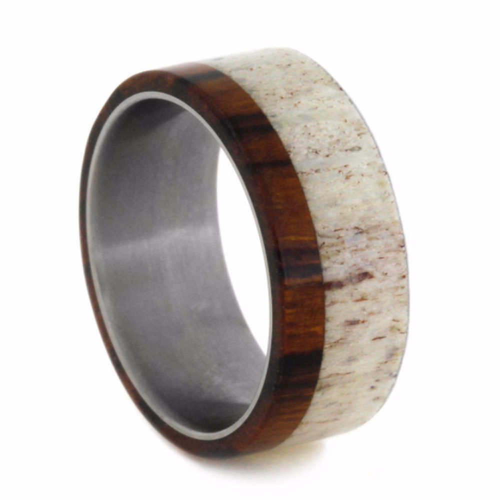 Light Deer Antler and Ironwood Overlay 8mm Comfort-Fit Matte Titanium Band. 