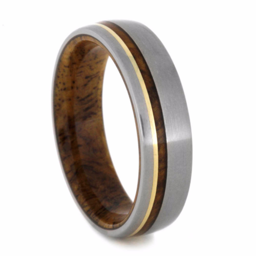 Sindora Wood and 14k Yellow Gold Pinstripe 6mm Comfort-Fit Matte Titanium Band. 