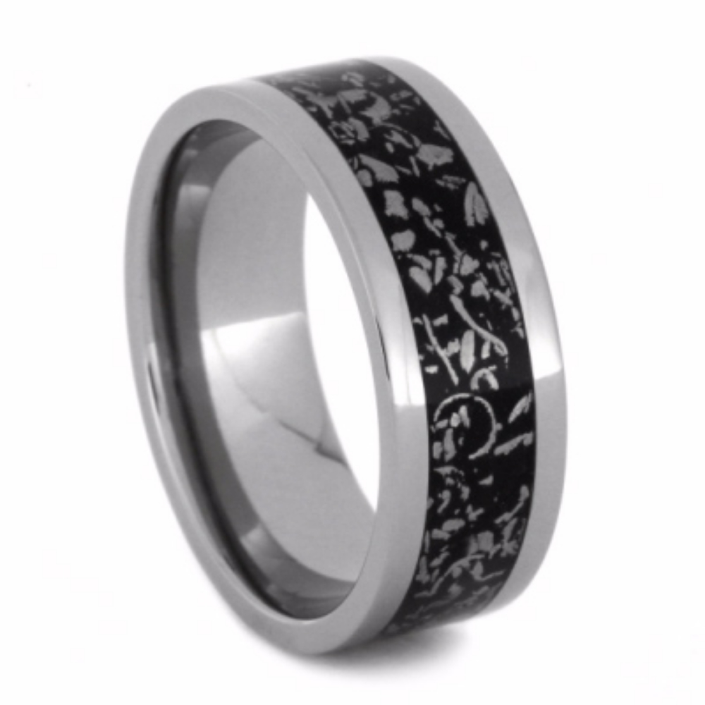 Black Stardust Inlay 8mm Comfort-Fit Polished Titanium Band 8mm Comfort-Fit Polished Titanium Band. 