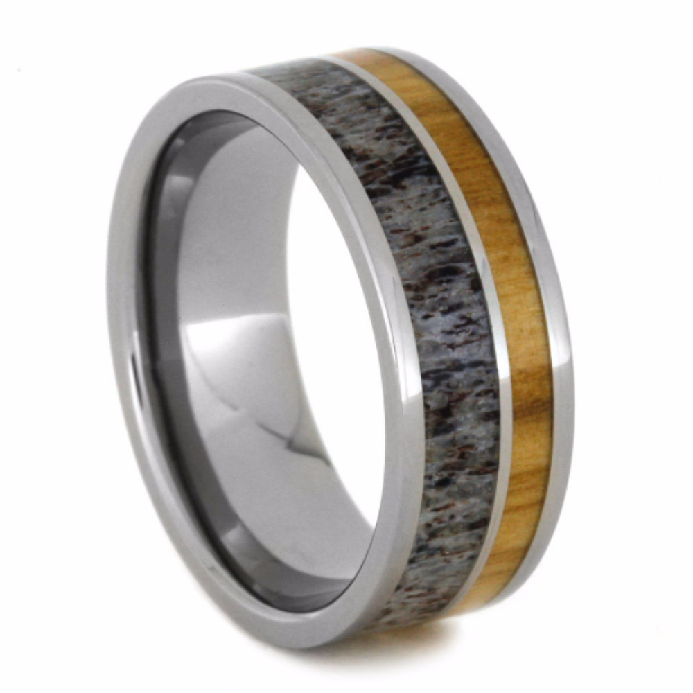 Deer Antler and Bethlehem Olive Wood Inlay 8mm Comfort-Fit Polished Titanium Band. 