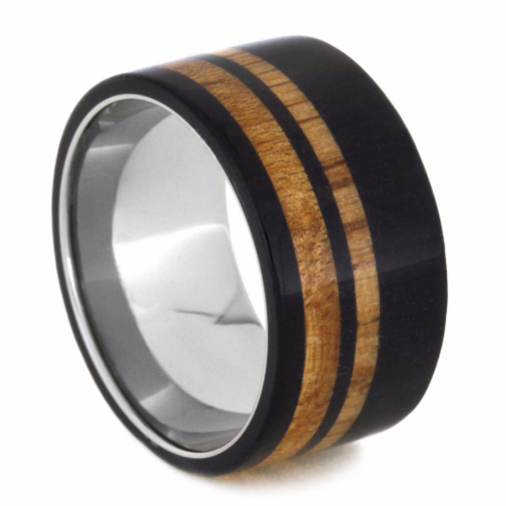 Bird's Eye Maple with Oak Wood and Blackwood Pinstripe 12mm Comfort-Fit Titanium Band. 