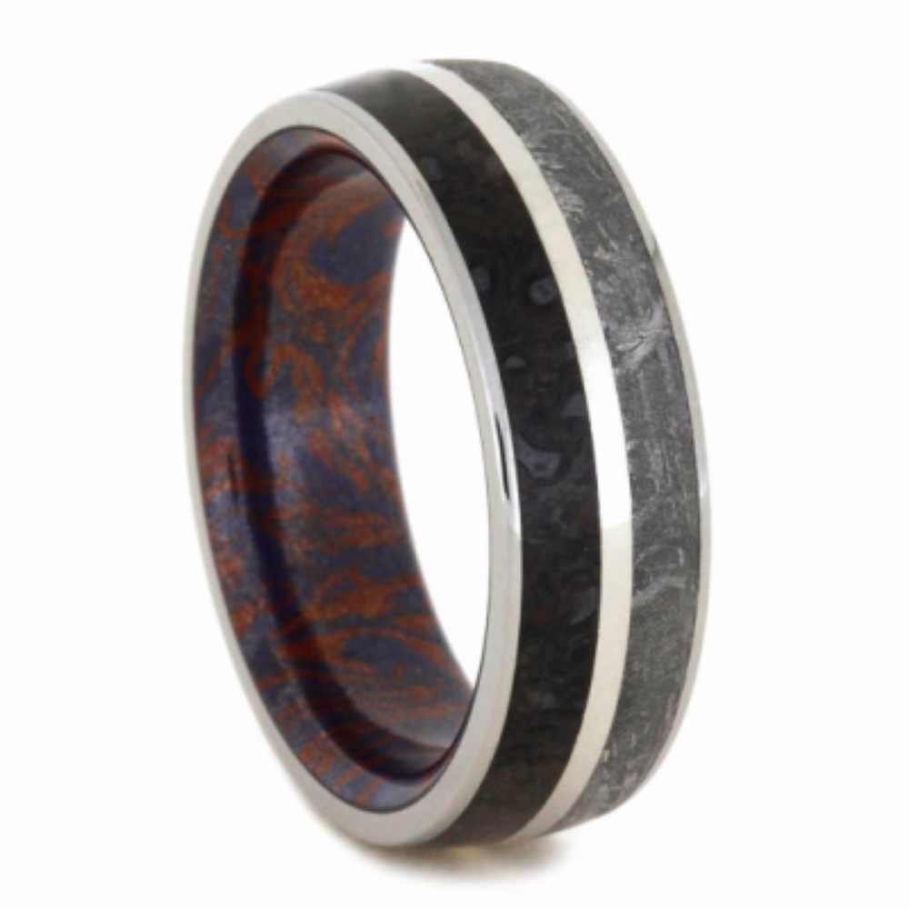 Gibeon Meteorite and Dinosaur Bone with Blue Bronze and Red Copper Mokume Sleeve 7mm Comfort-Fit Titanium Band. 