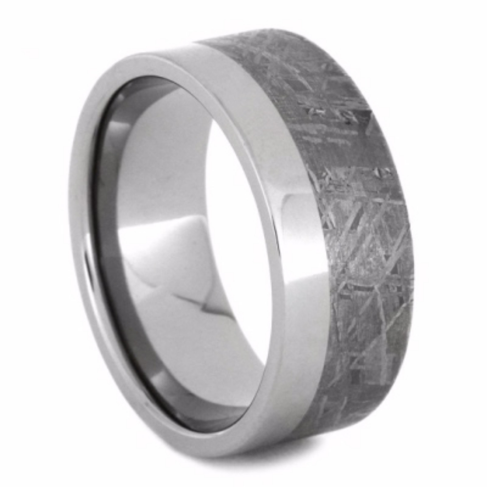 Two Tone Meteorite Overlay 9mm Comfort-Fit Polished Titanium Band. 