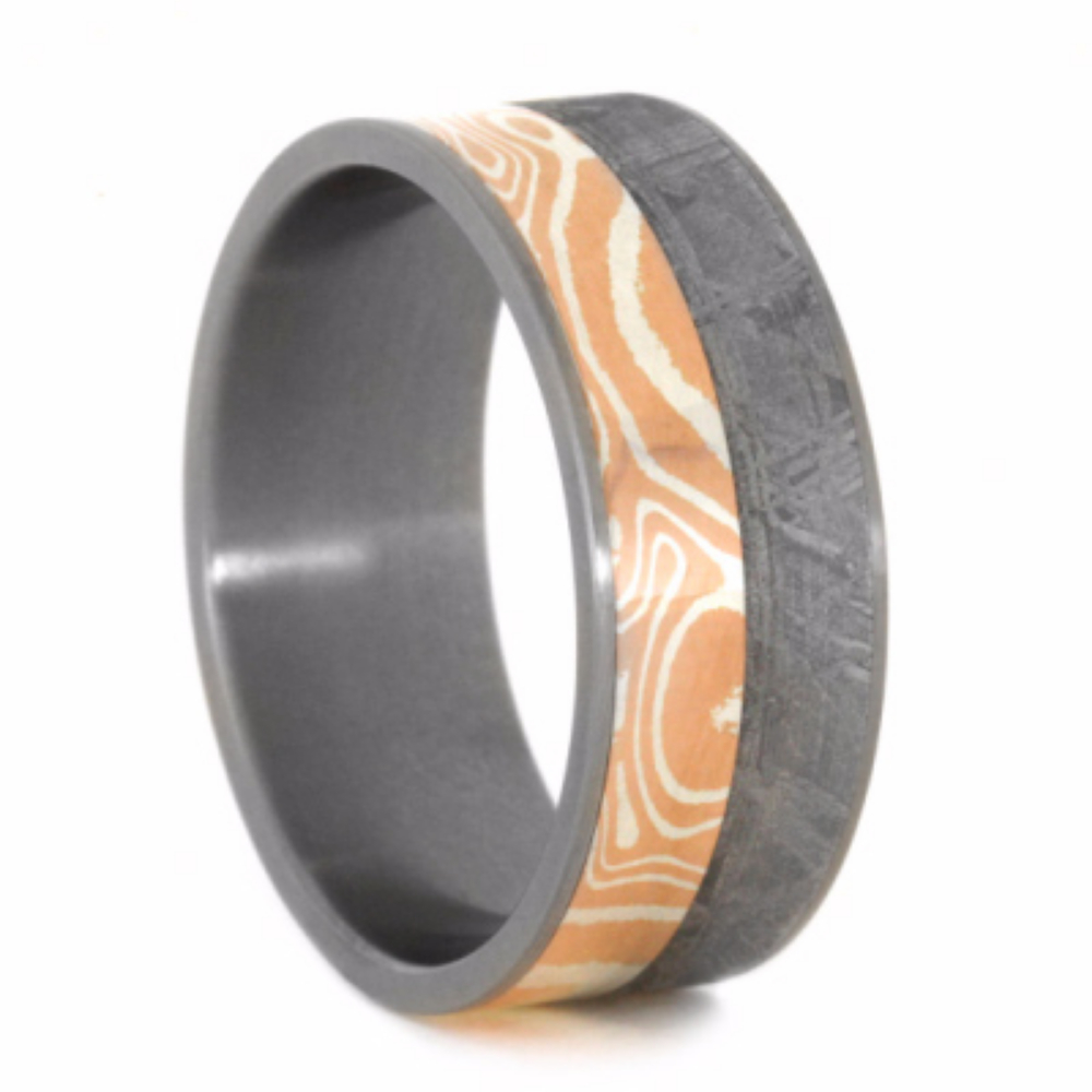 Gibeon Meteorite and Copper Silver Mokume Overlay 9mm Comfort-Fit Matte Titanium Band. 