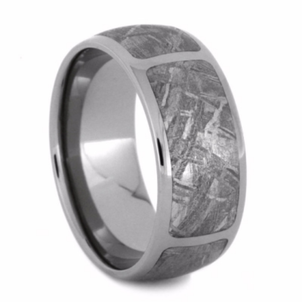 Gibeon Meteorite four partial inlays 9mm Comfort-Fit Polished Titanium Band. 