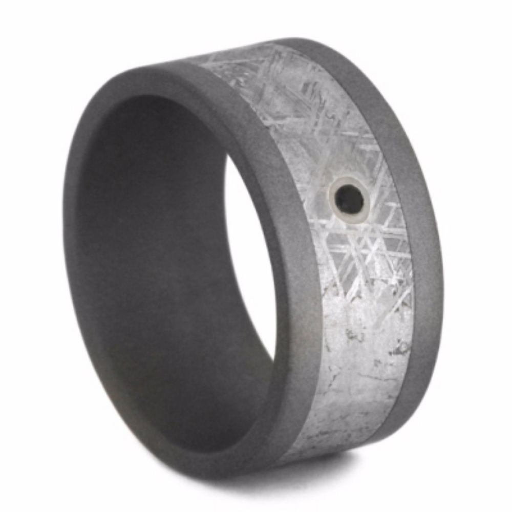 Black Diamond with Meteorite Inlay 10mm Comfort-Fit Sandblasted Titanium Band. 