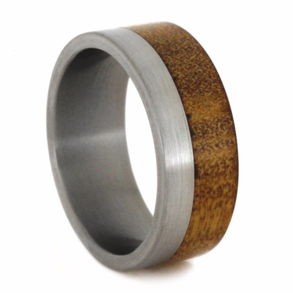 Kauri Wood Overlay 8mm Comfort-Fit Brushed Titanium Wedding Band. 