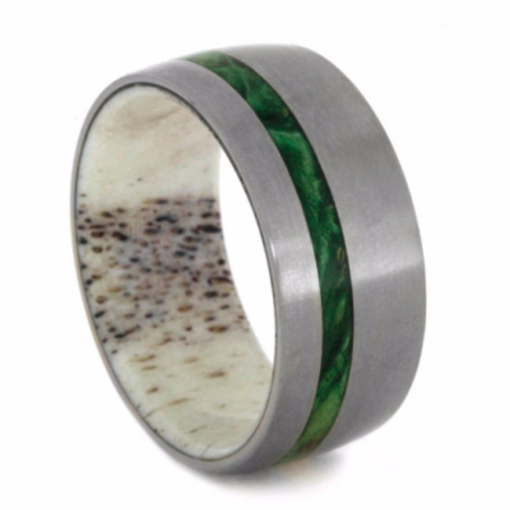 Green Box Elder Burl Wood Inlay with Deer Antler Sleeve 10mm Comfort-Fit Matte Titanium Band. 