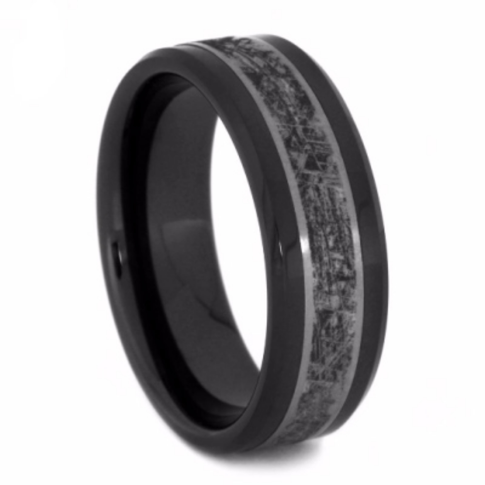 Mimetic Meteorite Engraving and Bevel Black Ceramic Overlay 8mm Comfort-Fit Matte Titanium Band. 